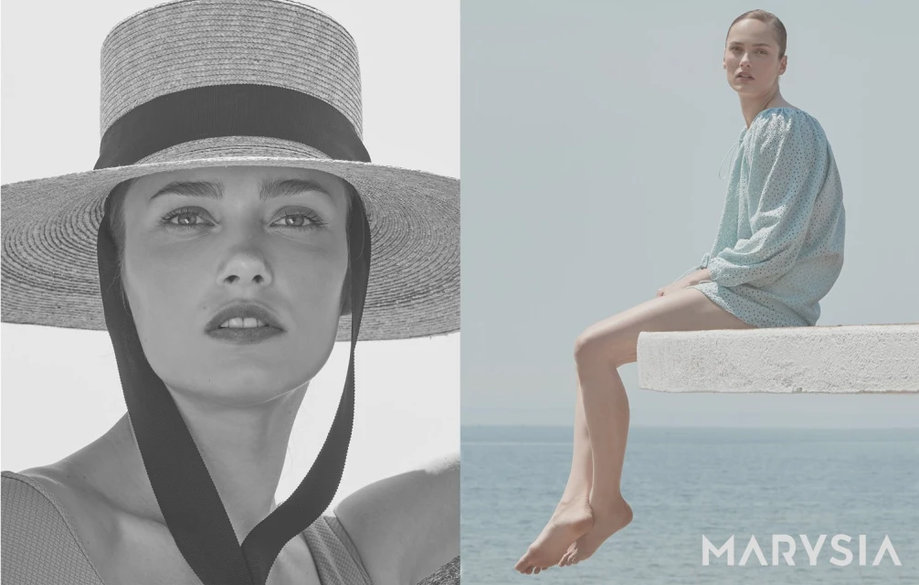 Two contrasting scenes feature a woman in a hat in black and white, and another woman seated by the ocean in blue tones.