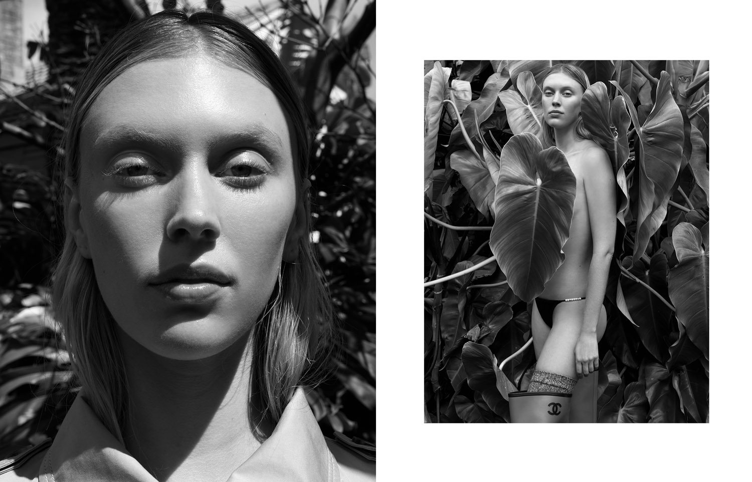 Monochrome diptych of a young adult female with fair skin. One image is a close-up portrait, the other is a full shot surrounded by tropical leaves.