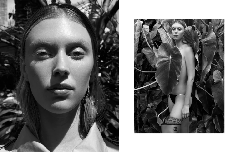 Monochrome diptych of a young adult female with fair skin. One image is a close-up portrait, the other is a full shot surrounded by tropical leaves.