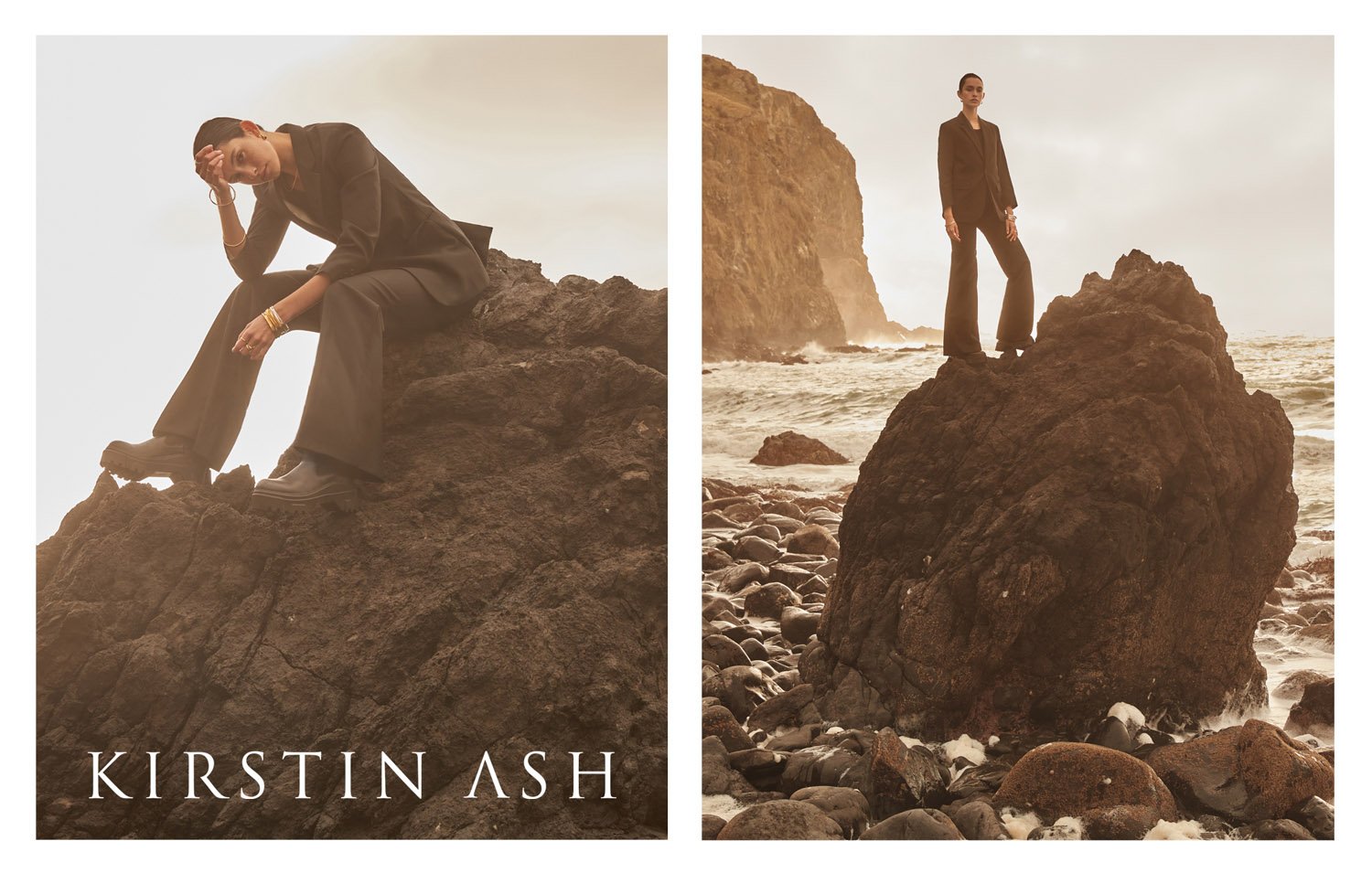 Two fashion images of a person in a dark suit sitting and standing on rocks near the sea. Apparel brand campaign.
