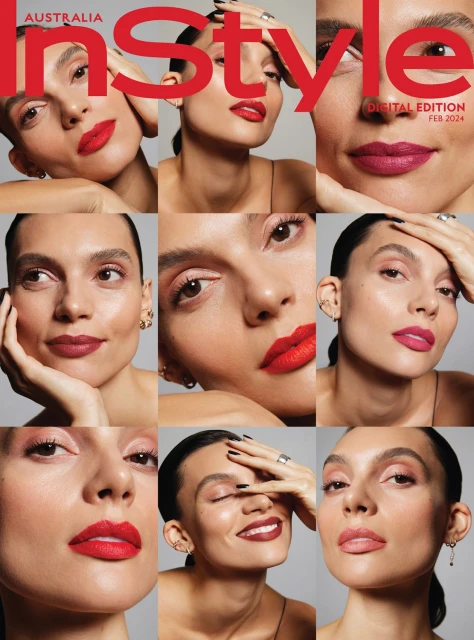 InStyle Australia cover features a woman with red lipstick in a collage of close-up shots, showcasing beauty and fashion.