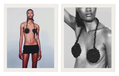 Diptych of a black model wearing a black braided halter accessory and black shorts against a white background