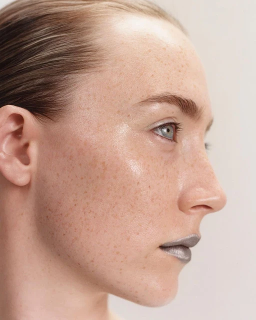 Close-up portrait of a woman with freckles and silver lipstick, showcasing beauty and makeup against a simple, bright background.