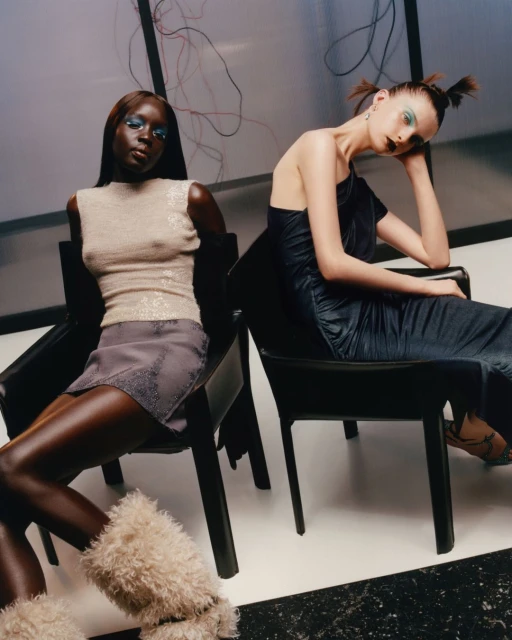 Two fashion models pose in a photo studio. One wears a beige top and grey skirt, while the other wears a dark blue dress, both seated.