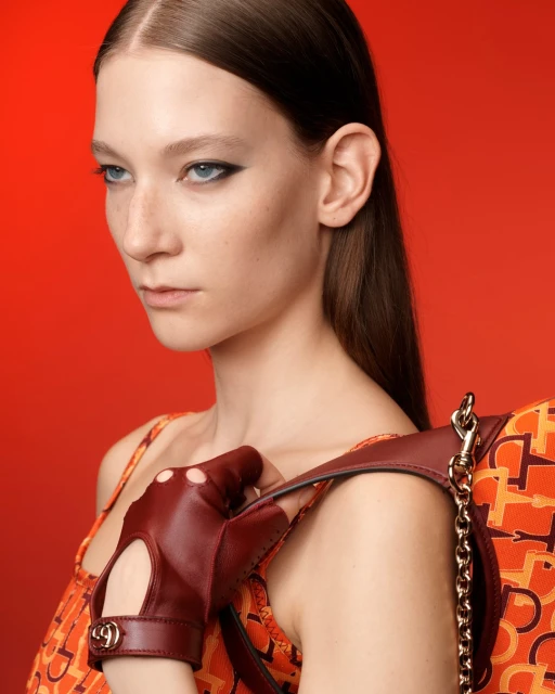 Close-up shot of a fair-skinned adult female model wearing a dress with an orange pattern, burgundy gloves, and a chain-strap purse.