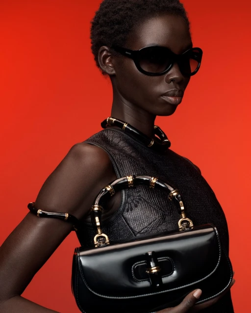 Elegant dark-skinned woman with sunglasses and a black purse against a red background, accessorized with a necklace and bracelet.