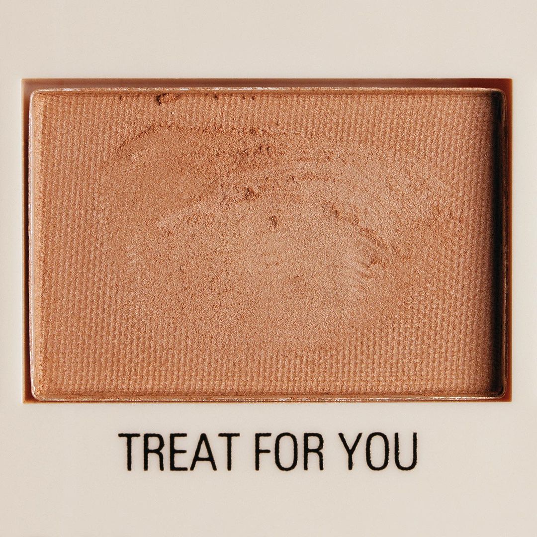 Close-up of a rectangle bronze eyeshadow palette with the text 'Treat For You' at the bottom, displayed on a white surface.