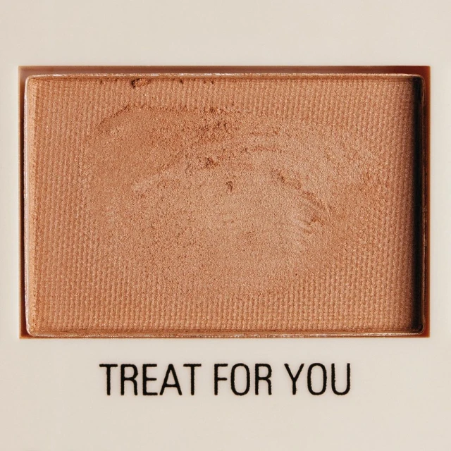 Close-up of a rectangle bronze eyeshadow palette with the text 'Treat For You' at the bottom, displayed on a white surface.