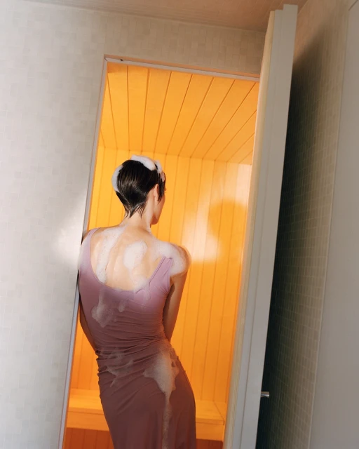 Back view of a slender woman with wet hair in a soaking mauve dress, standing in the open doorway of a hot, bright yellow sauna.