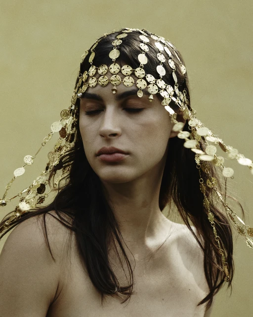 Woman with closed eyes wearing a gold coin headdress against a muted yellow background in a studio portrait with soft, diffused lighting.