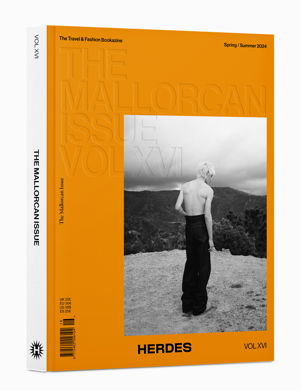 Fashion and travel magazine cover featuring a model in black and white on a hilltop with a mountainous background. Cover is orange, text overlaid.