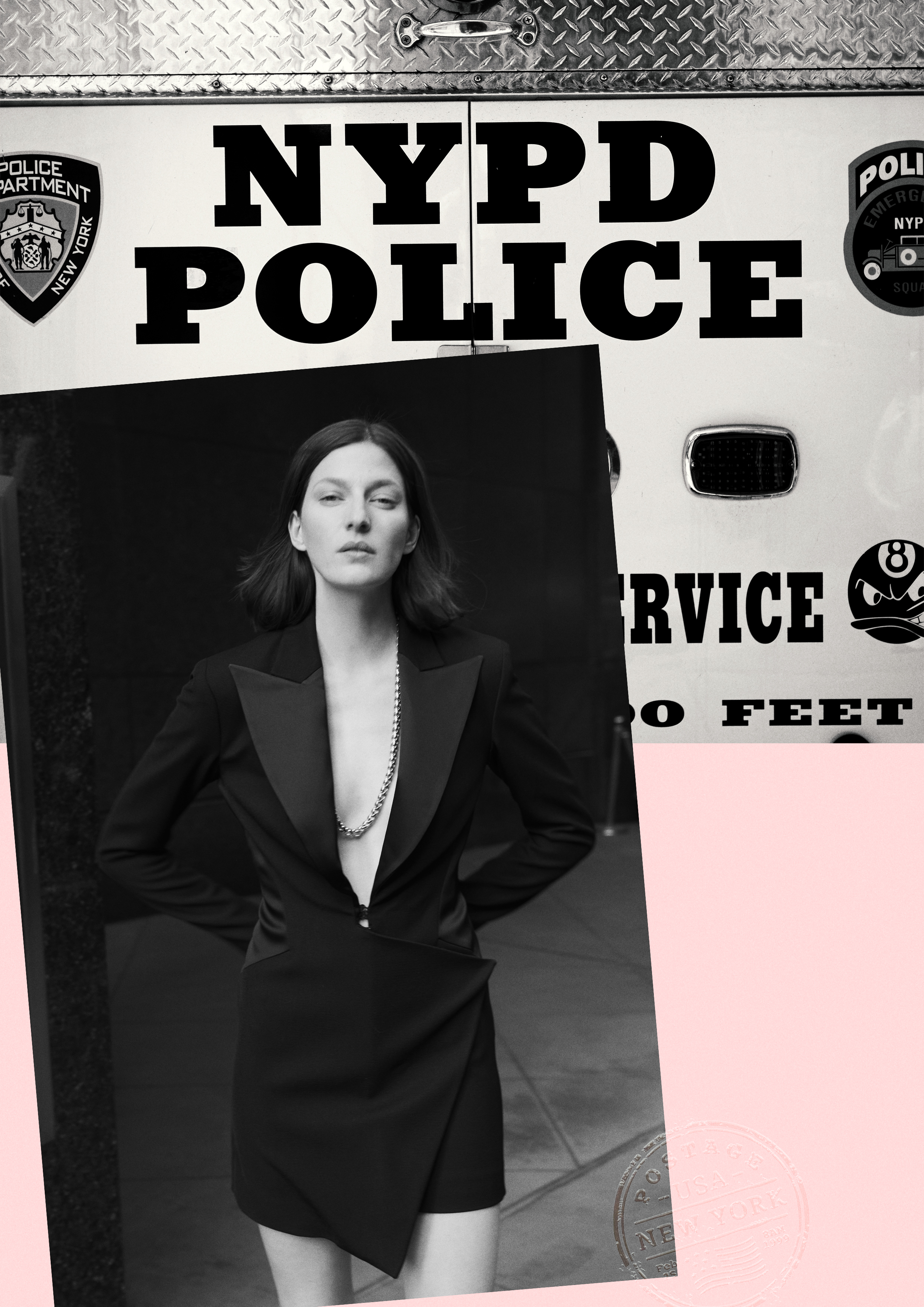 A woman in a black blazer dress stands in front of an NYPD vehicle with prominent typography. The image is partially overlayed with a pink shape.