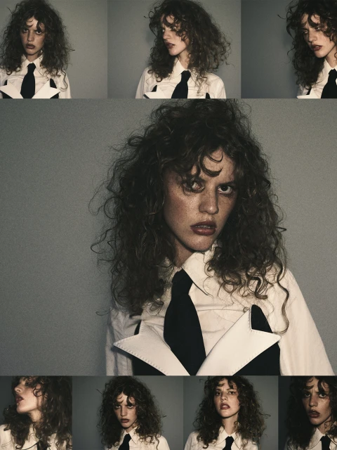 Portrait of a young woman with curly hair wearing a white shirt and black tie, shown in a grid of different poses against a gray background.