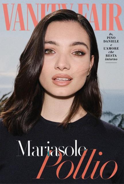 Close-up of Mariasole Pollio on Vanity Fair cover, wearing a black top. The cover features magazine title and other text.