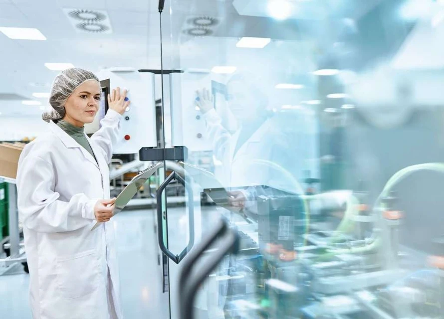 Woman in lab coat and hair net operates equipment in a clean industrial production environment.  
