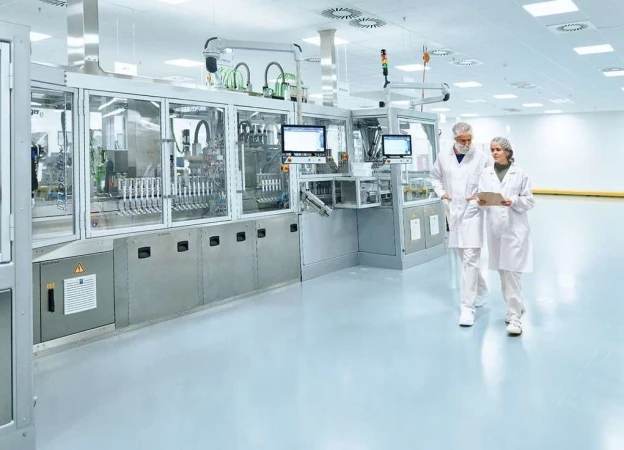 Two healthcare workers in lab coats walk past pharmaceutical manufacturing equipment inside a bright, sterile cleanroom environment.