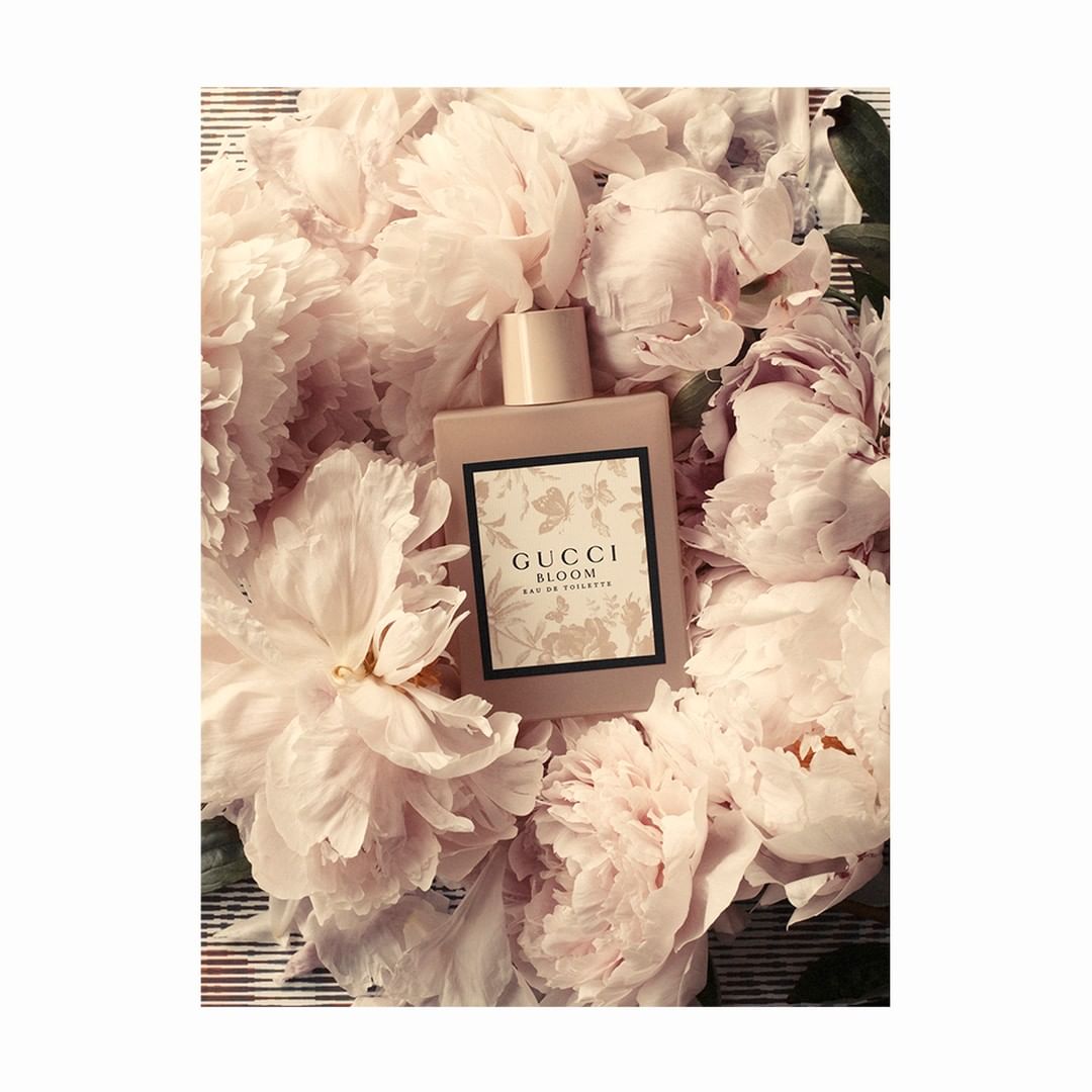 Gucci Bloom Eau de Toilette perfume bottle nestled in a bed of light pink peony flowers, beauty product shot in a close-up setting.