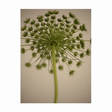 Close-up, upward shot of a Queen Anne's Lace flower with delicate white blooms against a soft, muted beige background.