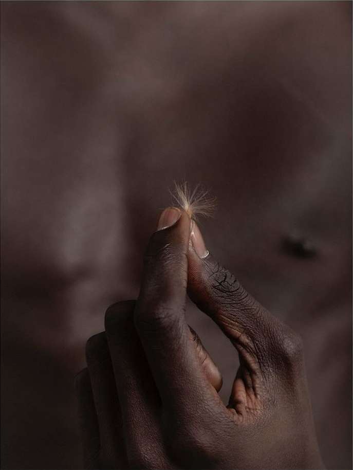 Close-up of a hand with dark skin holding a dandelion seed head against a blurred, warm-toned, neutral background in a studio setting.