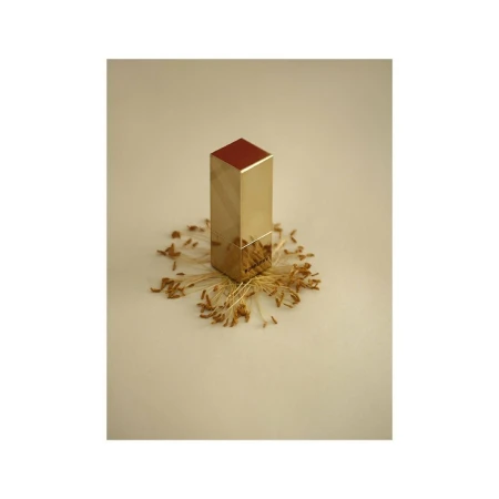 Gold lipstick case standing upright surrounded by scattered brown plant fibers on light surface