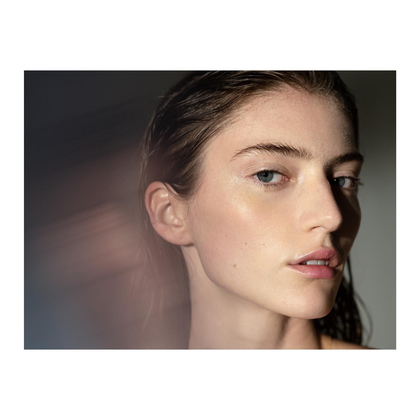 Close-up of an adult female with light skin, fair hair, and light eyes, showing a serene facial expression under natural light in a studio.