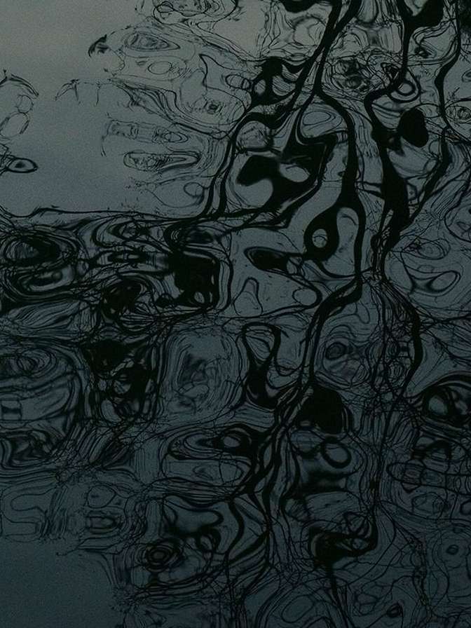 Abstract water reflection captures dynamic interplay of dark tree silhouettes and grey ripples, creating textured, patterned nature scene.
