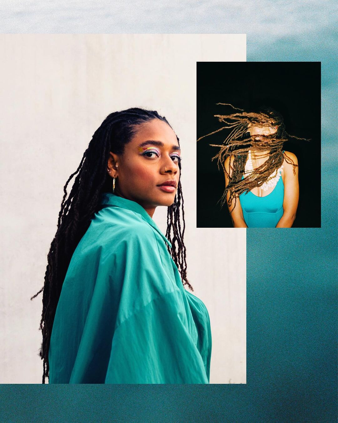 Two portraits in a collage: A woman with long braids in a turquoise shirt, and a blurred image of a woman with braids.