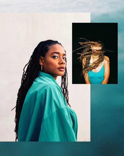 Two portraits in a collage: A woman with long braids in a turquoise shirt, and a blurred image of a woman with braids.