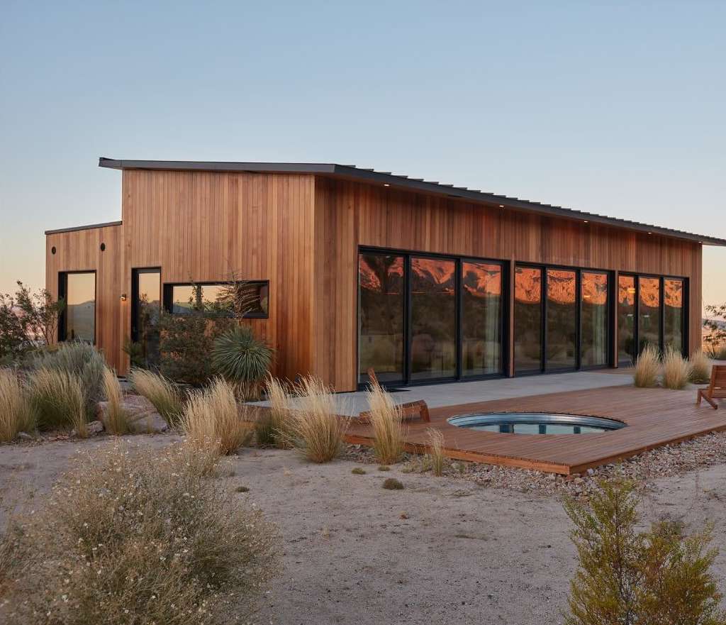 Exterior of a modern house with wood siding, large windows reflecting the desert landscape, and a built-in pool on a wooden deck.