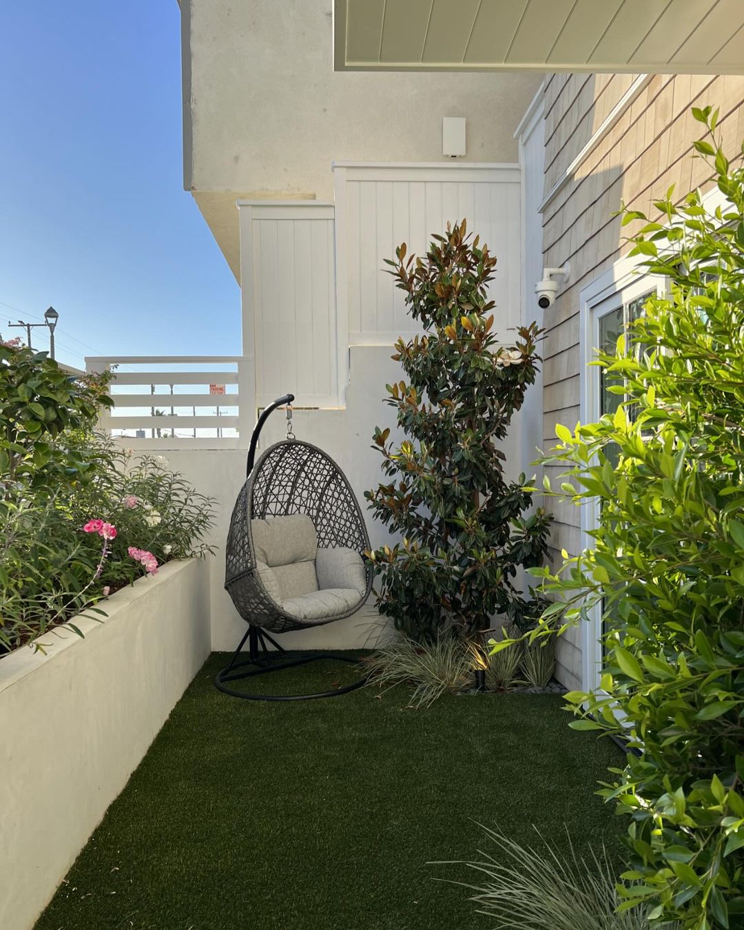 Outdoor patio featuring a hanging egg chair, lush green artificial turf, a small magnolia tree, and a white privacy wall in daylight.