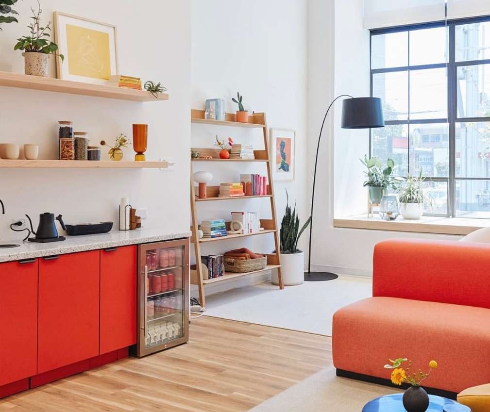 Bright, modern living space with an orange sofa, wooden shelving, potted plants, and a drink refrigerator in a sunlit interior.