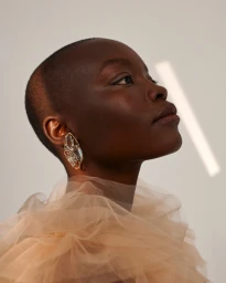 Profile portrait of a Black woman with a shaved head wearing a sheer ruffled collar and a large statement earring.