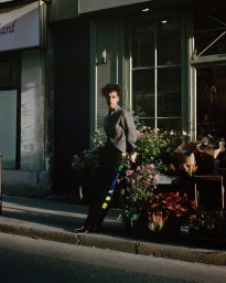 Model leaning against a storefront exterior filled with potted plants and flowers on a city street.
