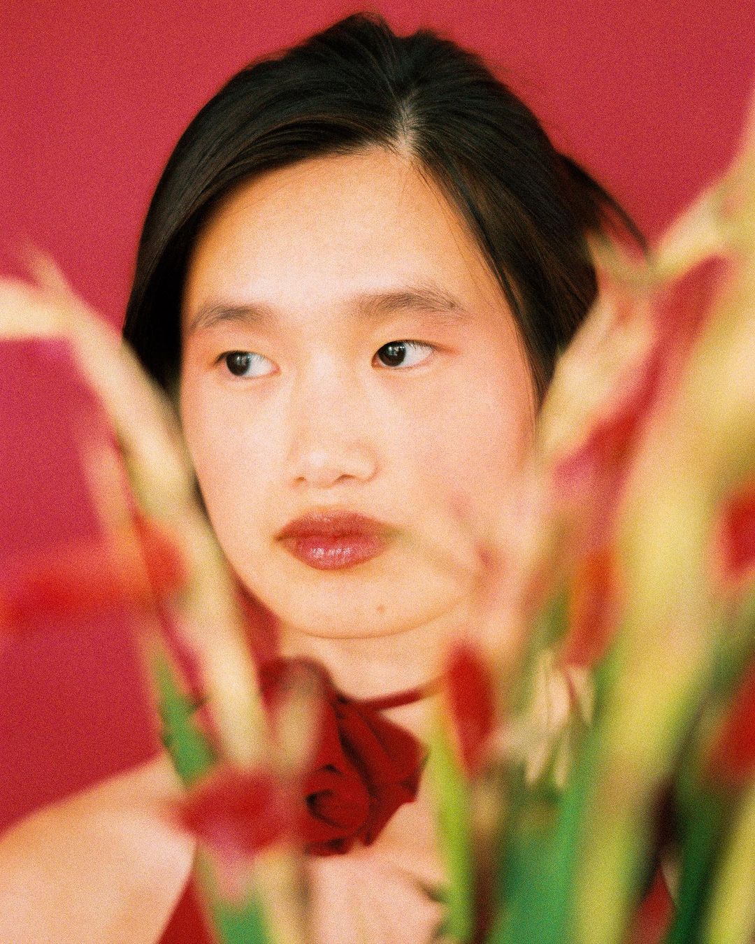Close-up portrait of an Asian woman with dark hair, light skin, and red lipstick, posing in front of a red background with flowers.