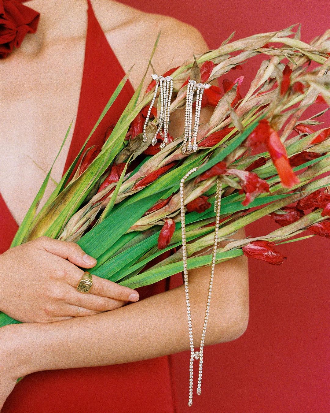 Person in a red dress holds a bouquet of gladiolus flowers adorned with diamond earrings and a long necklace against a red backdrop.