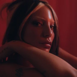 Close-up portrait of a woman with highlighted hair and bleached brows resting chin on arms, lit by red light.