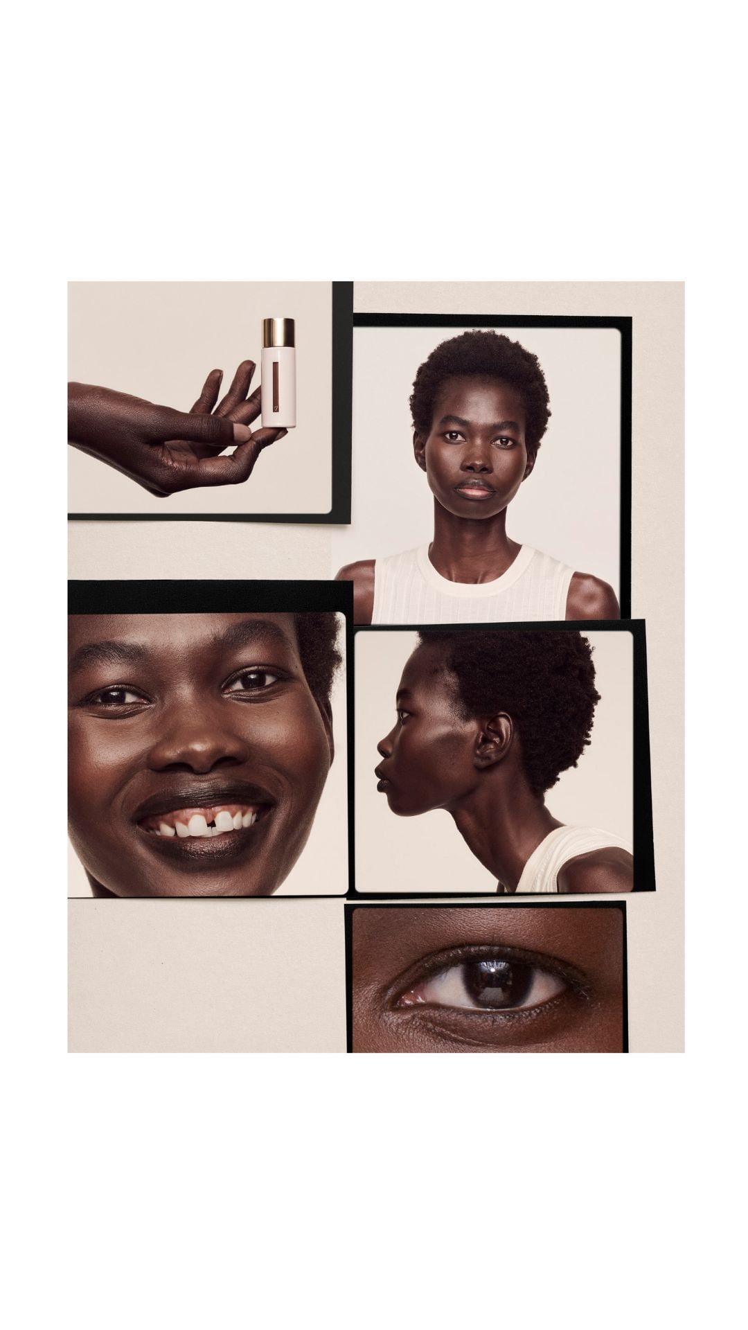 Beauty product shot: Dark-skinned woman with close-up portraits in black frames, holding a lotion bottle. Beige background, studio lighting.