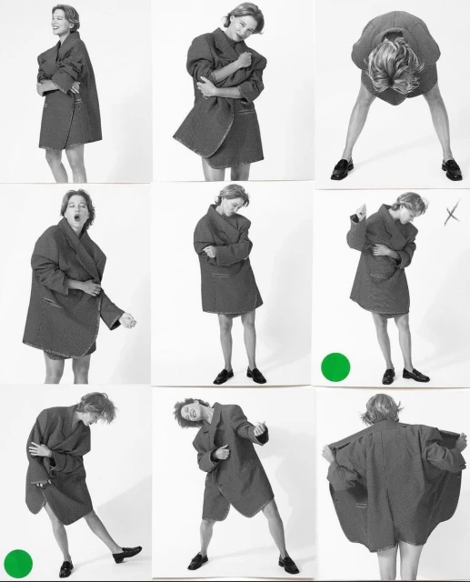 Black and white fashion layout showcasing a fair-skinned adult woman in various poses, wearing an oversized jacket and dark shoes on white.