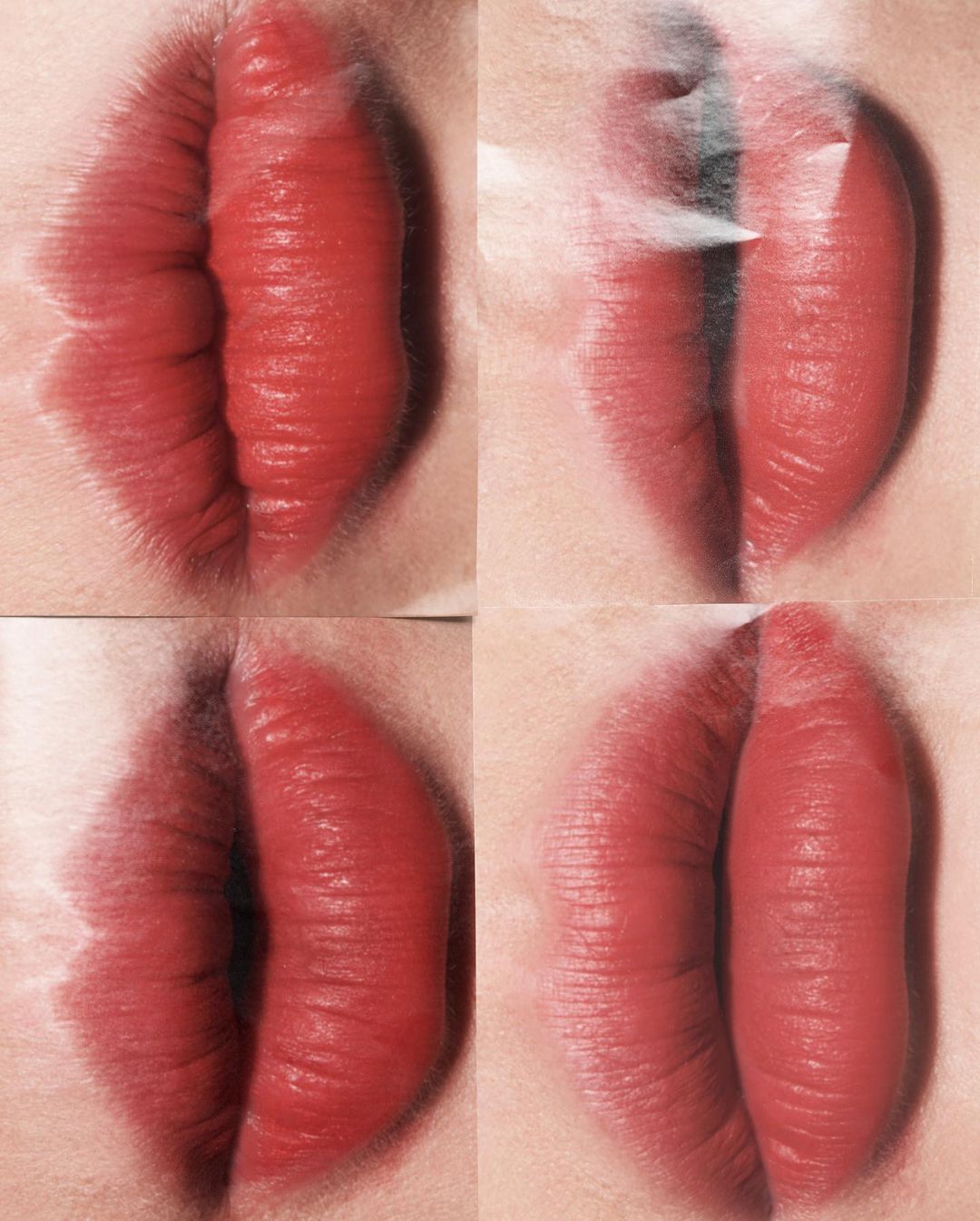 Close-up collage features four squares of human lips painted with vibrant red lipstick, capturing varied angles and textures in soft light.