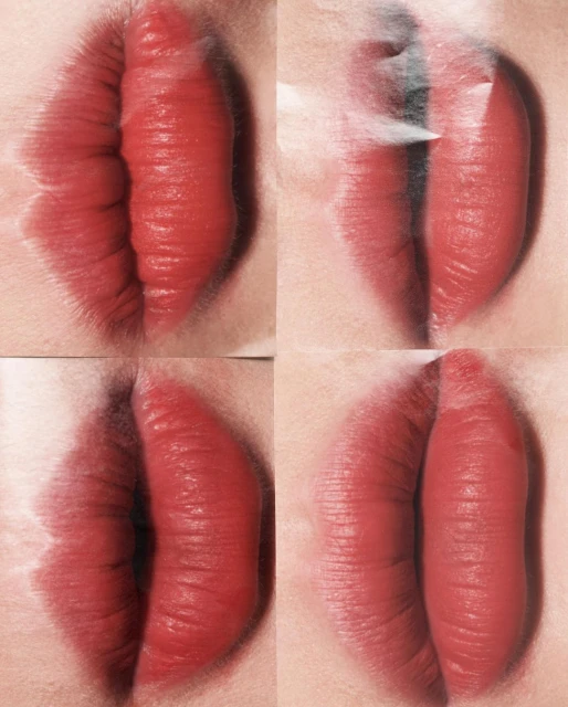 Close-up collage features four squares of human lips painted with vibrant red lipstick, capturing varied angles and textures in soft light.