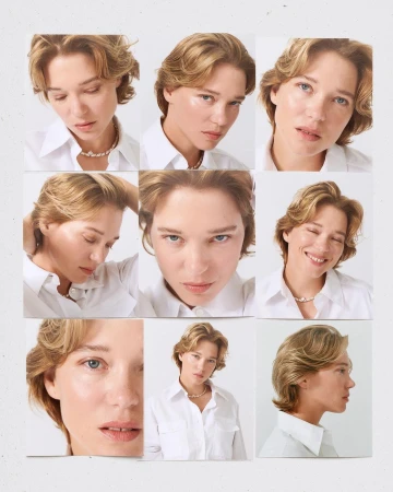 Nine-panel contact sheet grid showing close-up portraits of actress Léa Seydoux wearing a white shirt and necklace.