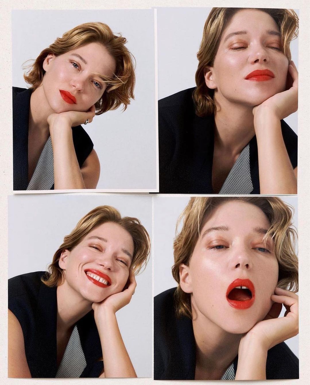 Four images of a woman with short hair and bright red lipstick posing in a black vest, set against a clean, neutral background.