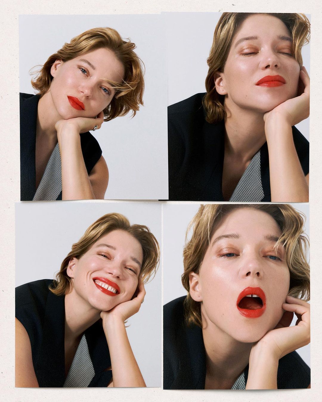 Collage of four images of Léa Seydoux wearing a black vest and bright red lipstick against a clean white background.