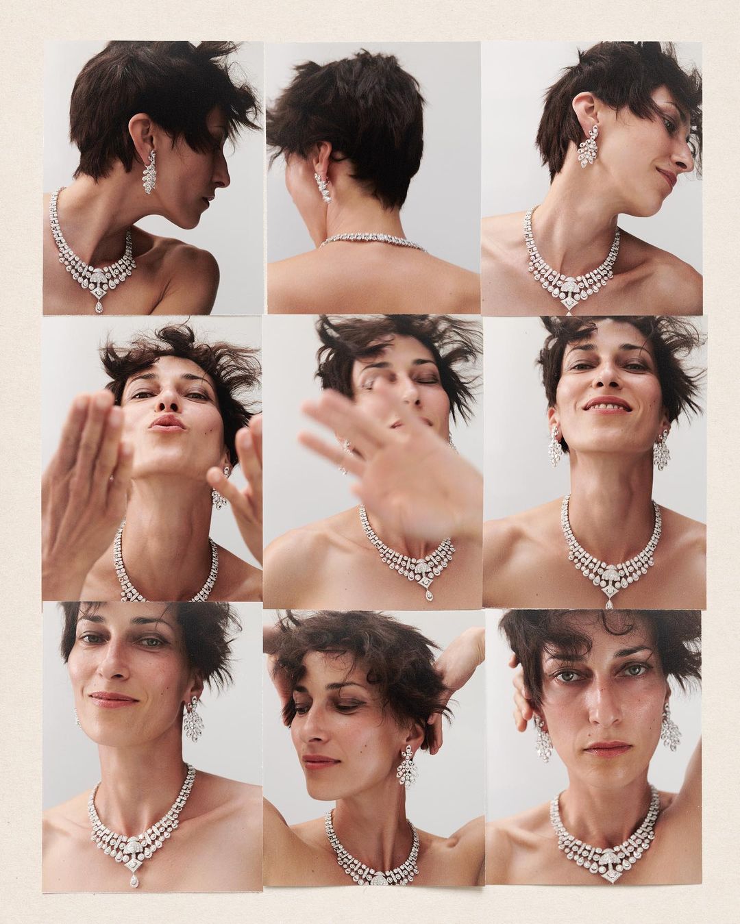 Collage of a woman with short hair wearing diamond jewelry; necklace and earrings, posing against a plain background in a photo studio.