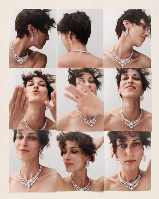 Collage of a woman with short hair wearing diamond jewelry; necklace and earrings, posing against a plain background in a photo studio.