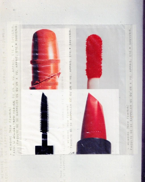 Close-up collage of cosmetic products: lipstick, mascara, and applicator. The images are set against background text. 