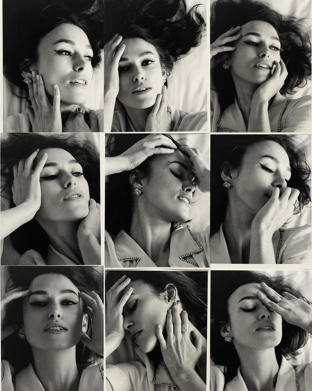 Black and white portrait collage of a woman with dark hair, wearing earrings, and a collared shirt with a light background.