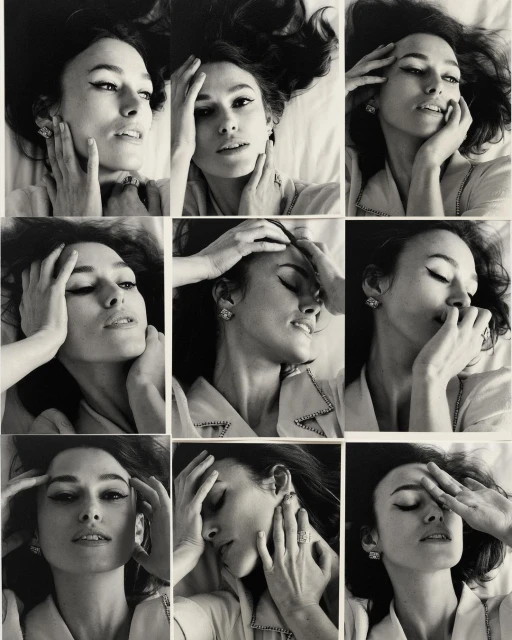 Black and white portrait collage of a woman with dark hair, wearing earrings, and a collared shirt with a light background.