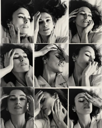 Black and white portrait collage of a woman with dark hair, wearing earrings, and a collared shirt with a light background.
