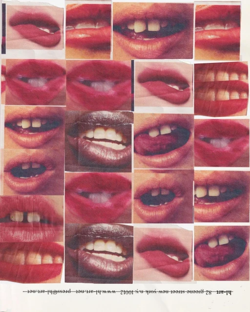 Collage of lips and teeth in various skin tones and lipstick shades, with visible paper texture, creating a visually engaging dental aesthetic.